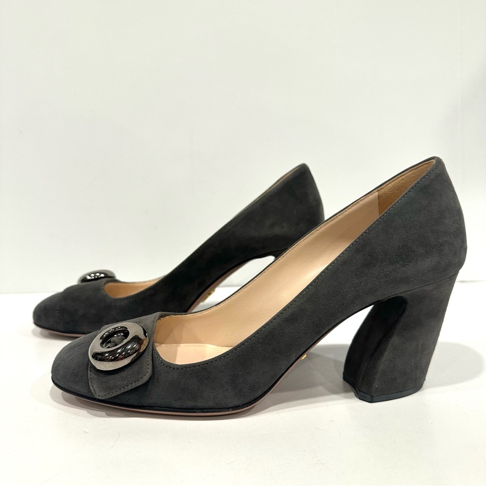 Prada Grey Suede Leather Round Square Closed Curved Block Heel Pumps EU 38 US 8 - Picture 9 of 13